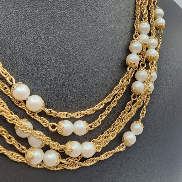 Kramer 6-Strand Gold-Tone Faux Pearl Necklace • Adjustable 14–16" Choker - Picture 5 of 8